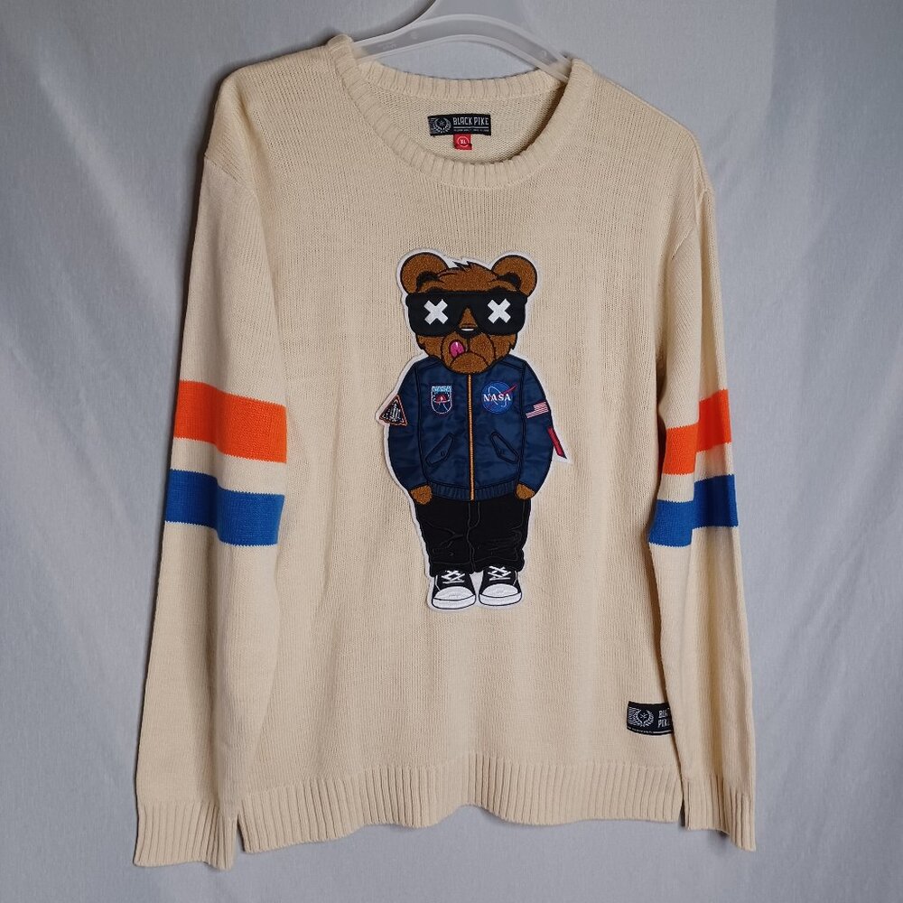 Black Pike Nasa Bear Sweater Mens XL Beige Knit Long Sleeve Blokecore Striped - Picture 1 of 9